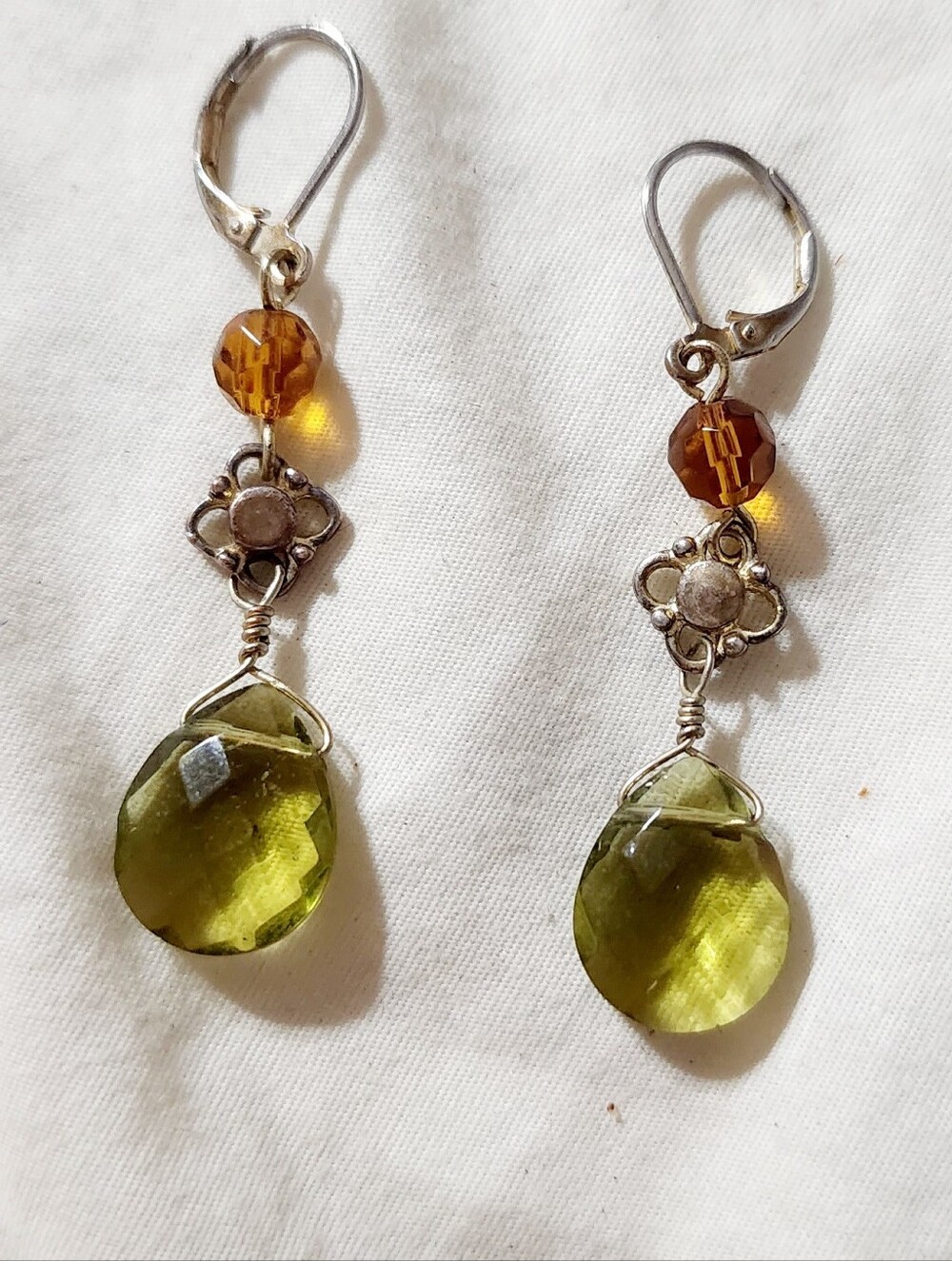 Silver Tone Olive Green Glass Drop Earrings with Amber Accent